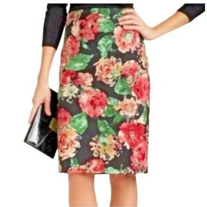 Talbots Denim Cotton Black Pink Green Floral Pencil Skirt Lined Knee Stretch 12